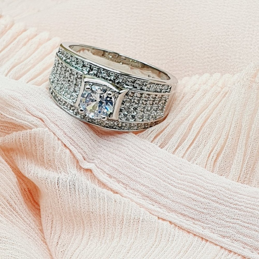 💎 Glitter Zircon Full Filled Silver Chunky Wedding Ring for Man, INDN8362 - Picture 3 of 4